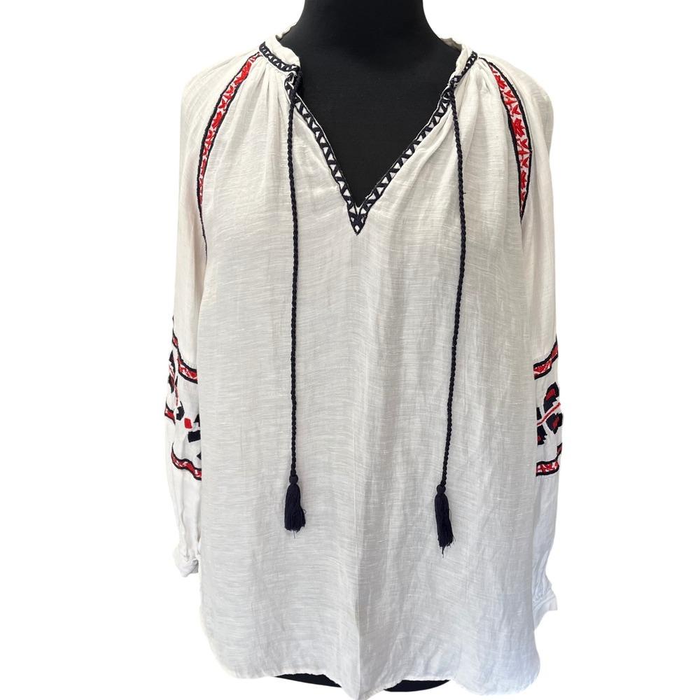 Boho Embroidered Peasant Blouse White Red Navy Tassel Tie V-Neck Top